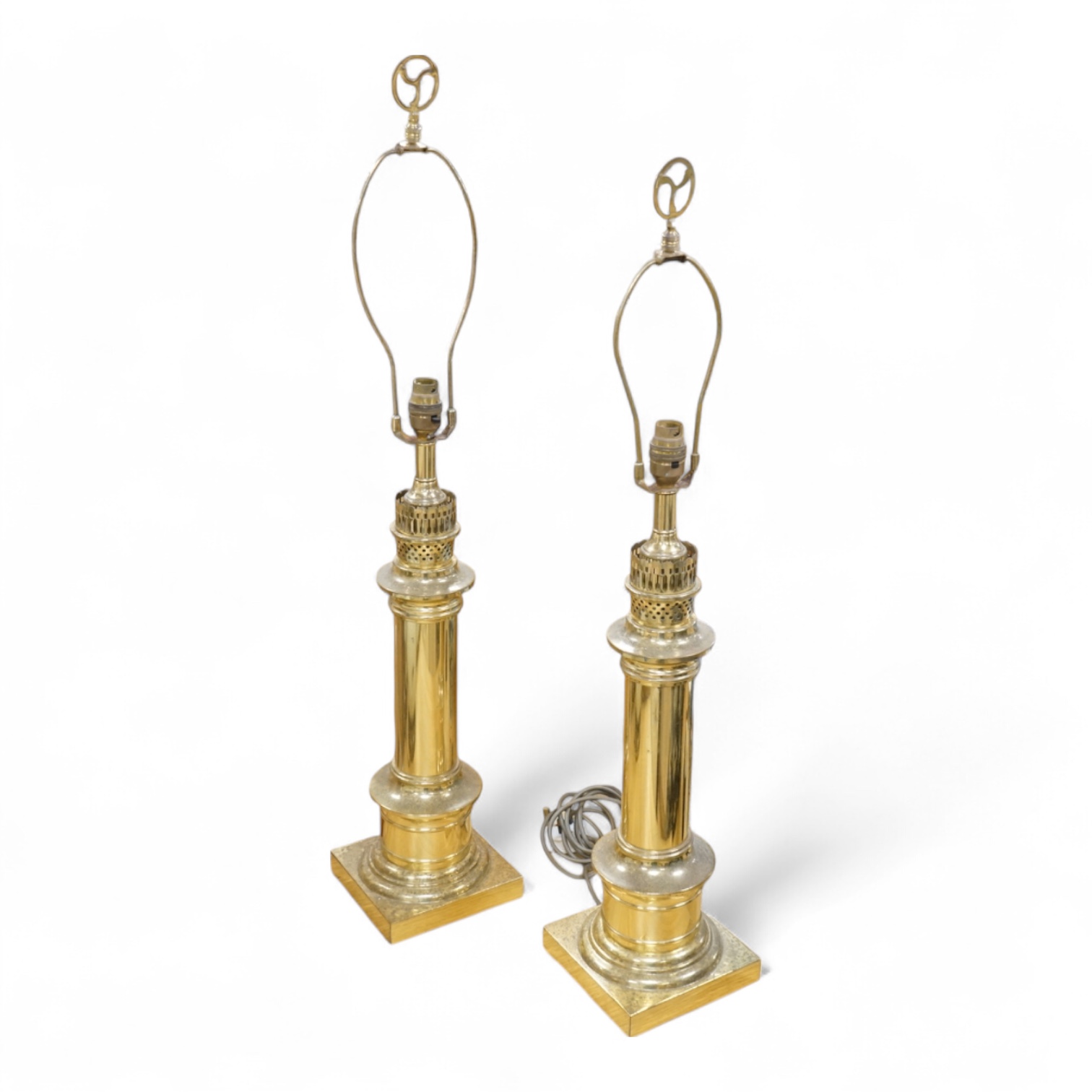 A pair of brass column table lamps, 51cm high excluding fitting